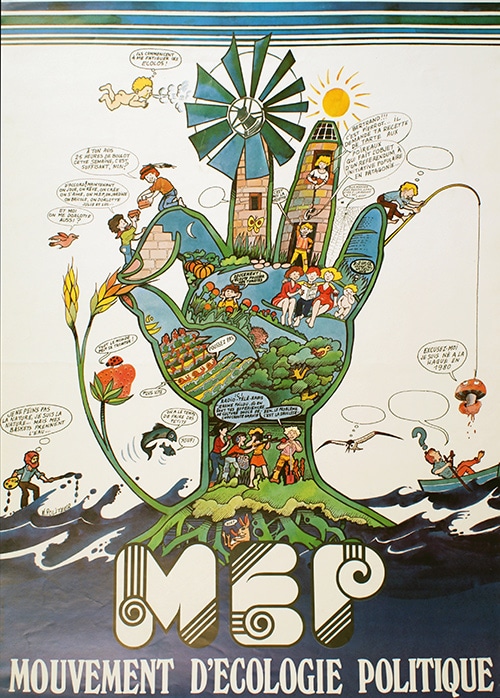 Affiche de 1979 pour le Mouvement d'Ecologie Politique, qui fédère de nombreuses associations environnementales.